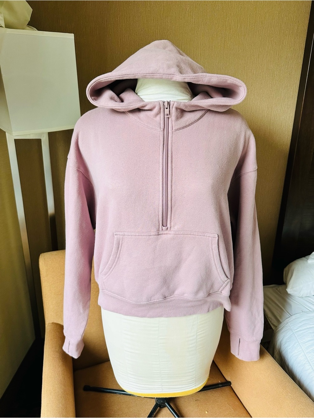 Aritzia TNA Cozy Sweatfleece Boyfriend Rose Pink Half-Zip Hooded Sweatshirt - Picture 7 of 9